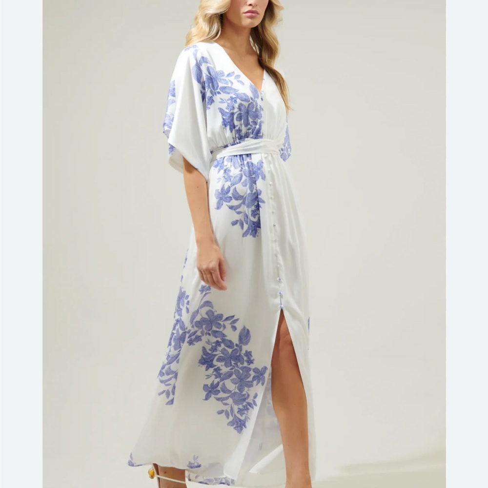 Sugarlips White and Blue Floral Wrap Dress